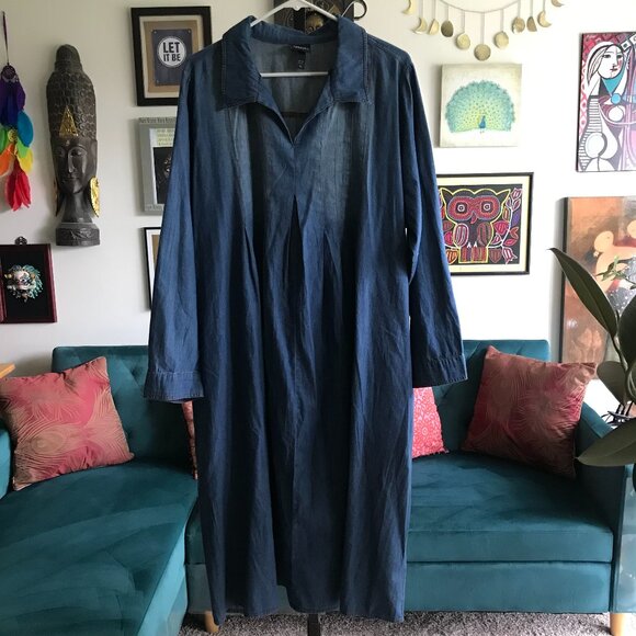 ULLA POPKEN size 20 / 22 Chambray Blue Denim Midi Shirt Dress Tunic Pockets - Picture 1 of 4